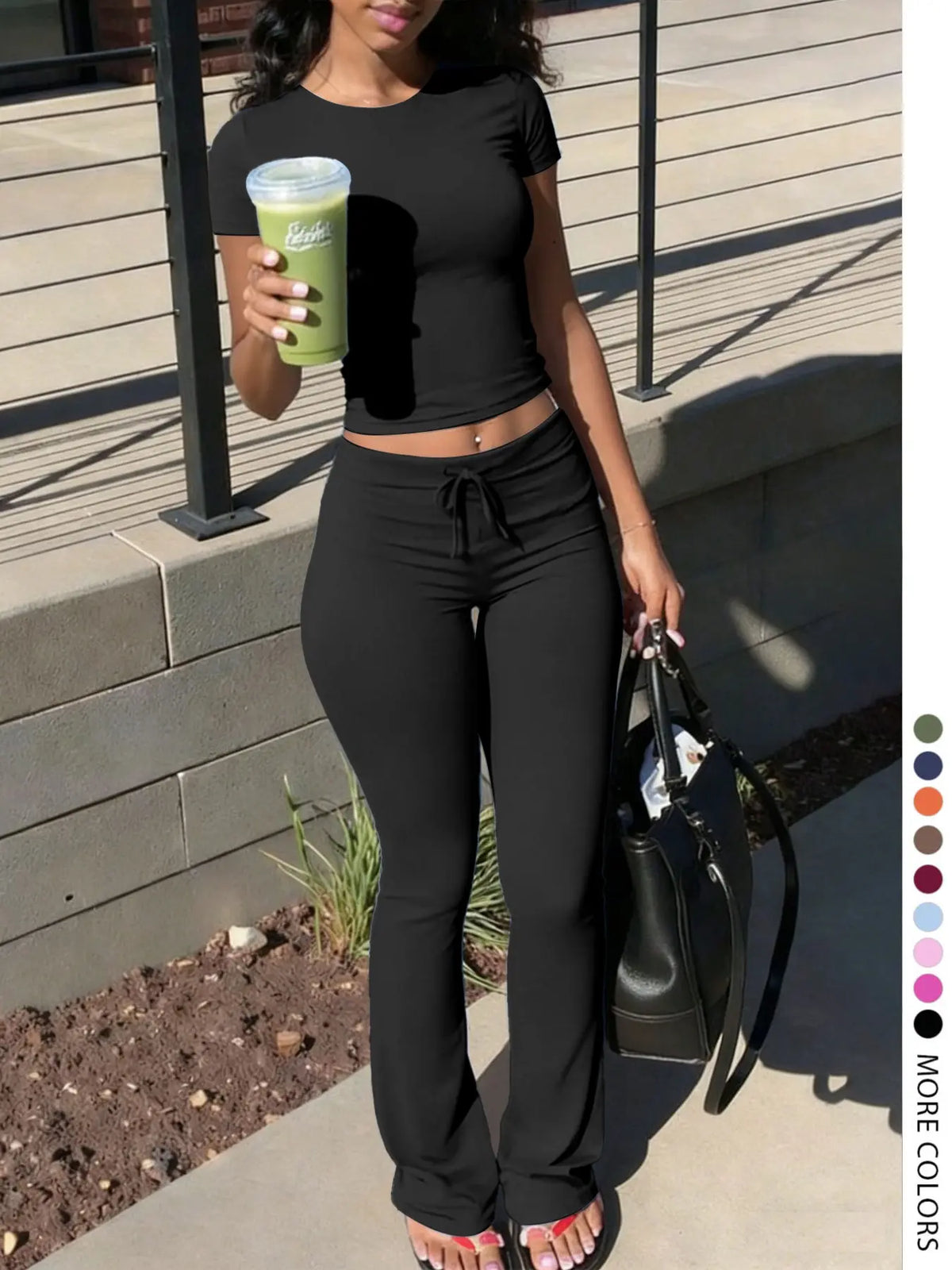 Women's LovelyWholesale Fashion Casual Two-Piece Set, Solid Color Round-Neck Short-Sleeve T-Shirt Top and Drawstring Pants, Spring and Summer Clothing