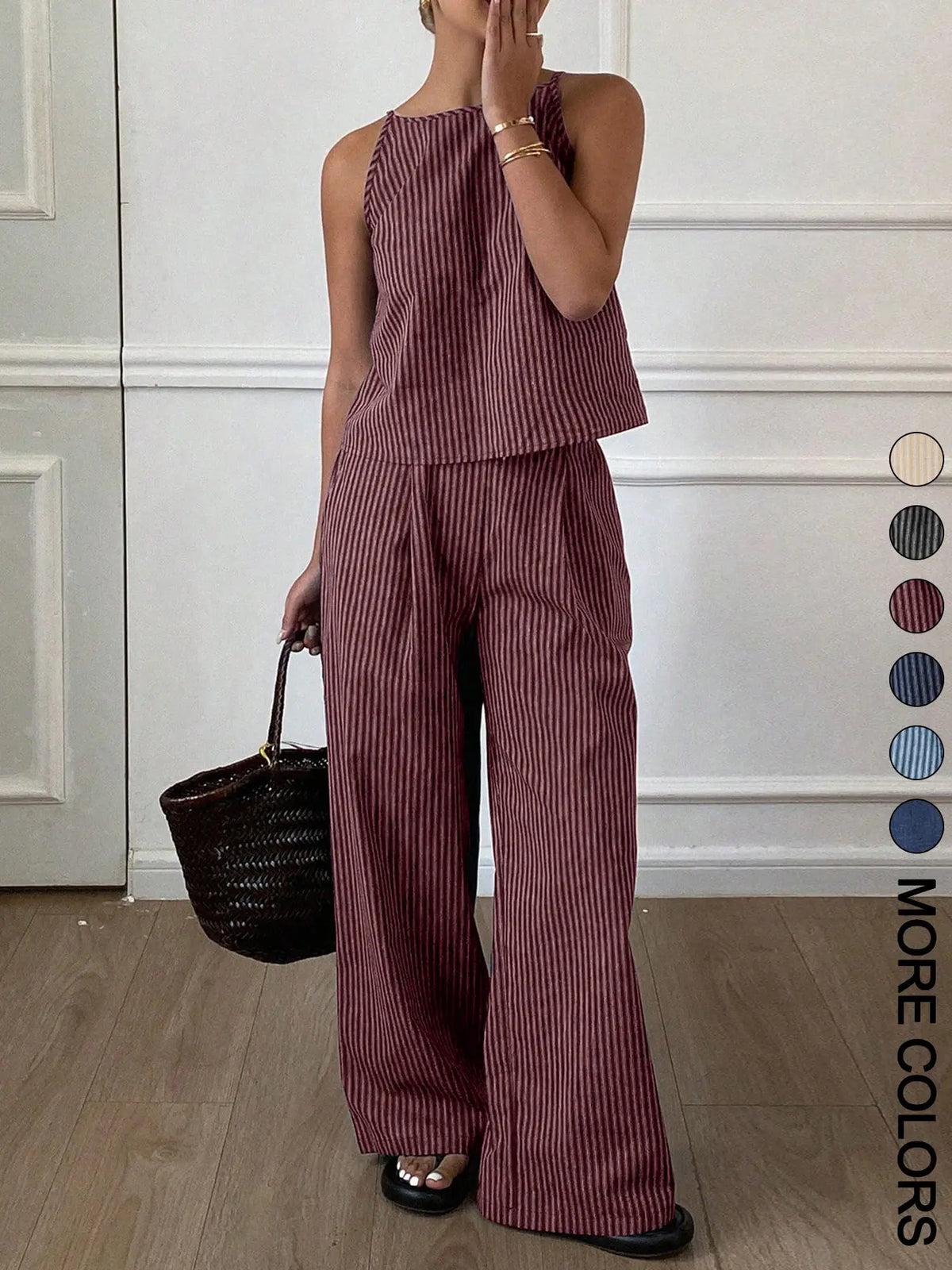 Women's Summer Striped Thin Strap Sleeveless Vest Top & Loose Long Pants Two-Piece Set, matching Outfit, Lightweight Casual Everyday Home Wear, Comfortable and Stylish