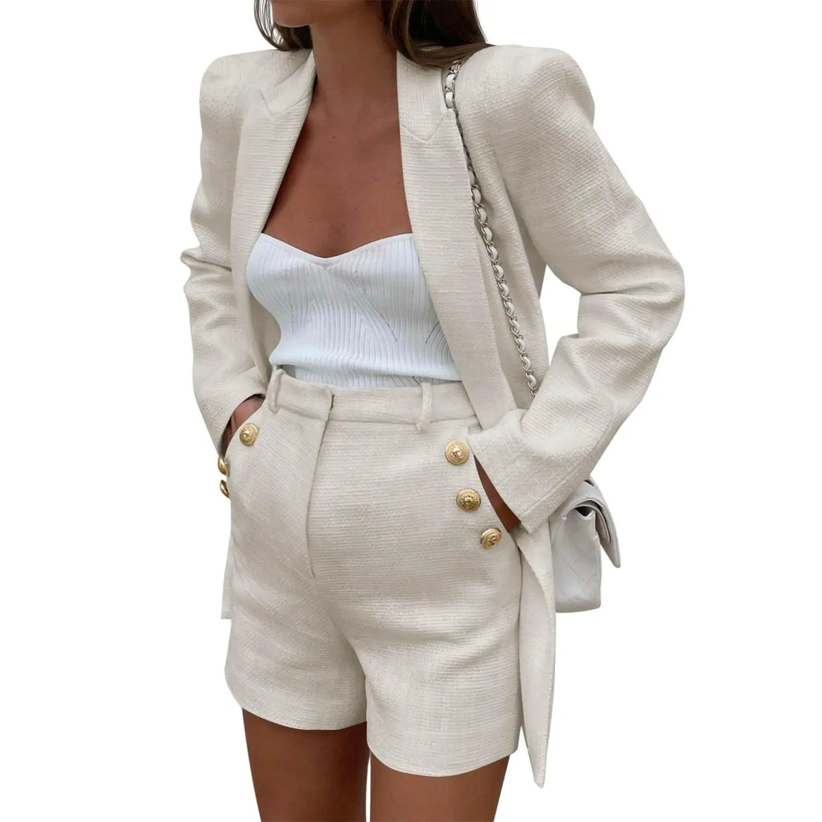 Imily Bela Womens 2 Piece Tweed Blazer Shorts Sets Long Sleeve Double Breasted Suit Jackets Business Outfit Fabric Formal