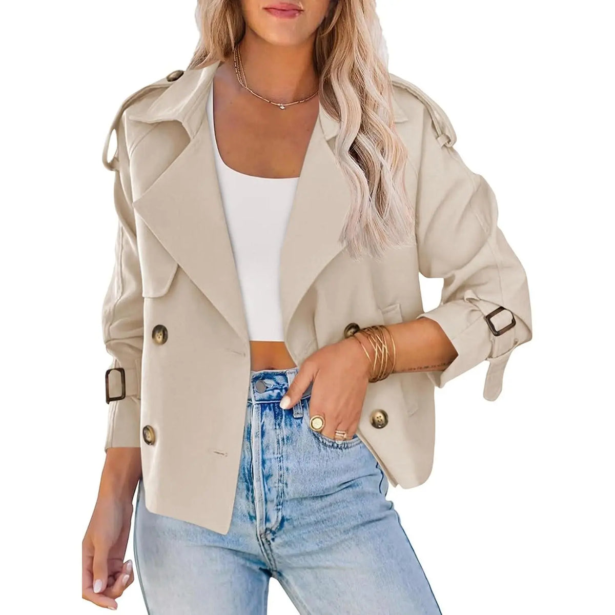 Fessceruna Women Crop Double Breasted Trench Coat Raglan Sleeve Work Office Cropped Jacket With Pockets