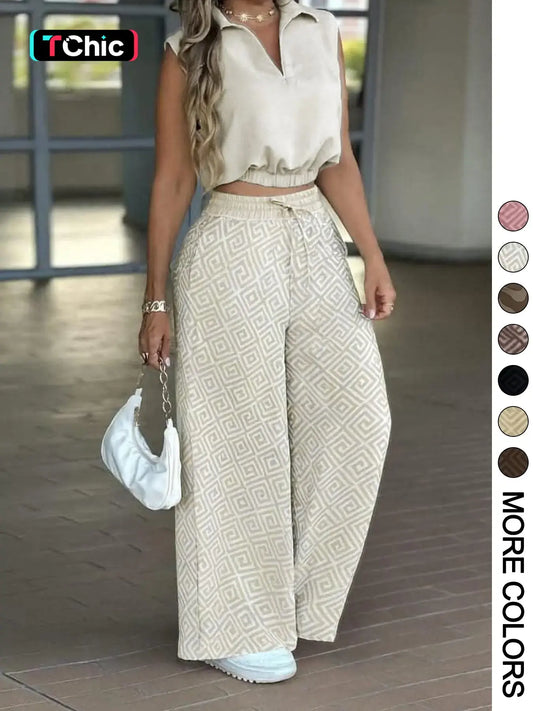 2-Piece Women's Basic Casual Commuter Clothes Set, Sleeveless Collared Waist-Defined Top with High-Waisted Adjustable Drawstring Wide-Leg Pants