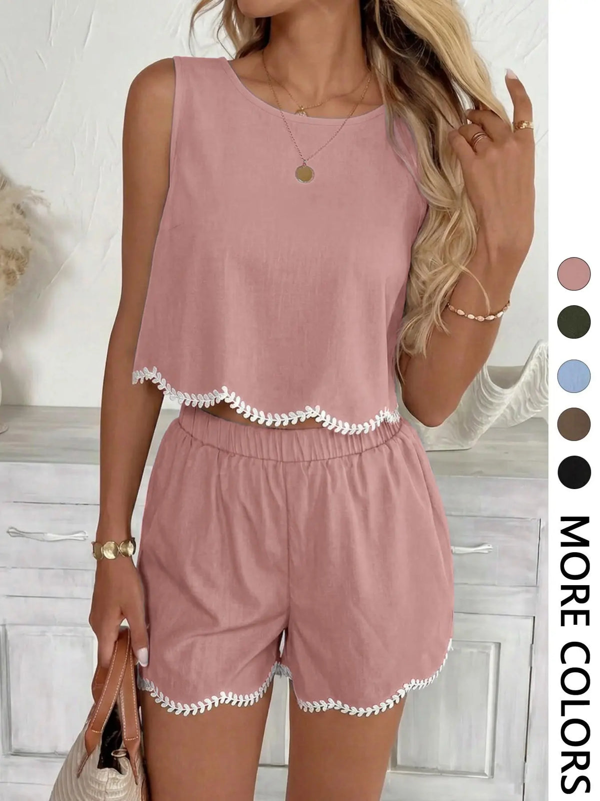 Women's Scallop Trim Embroidered Two-Piece Set, Suitable for Casual Going Out and Daily Wear, Island Vacation Beach Outfits, Sleeveless Summer Outfits for Women, Embroidery