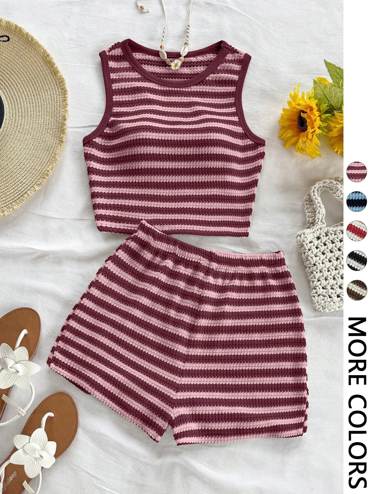 Women's Casual Knitted Striped Backless Short Sleeve Top with Elastic Waist Shorts, Perfect for Vacation Wear, Matching 2 Piece Casual Chic Set, Clothes, Summer Outfit Set
