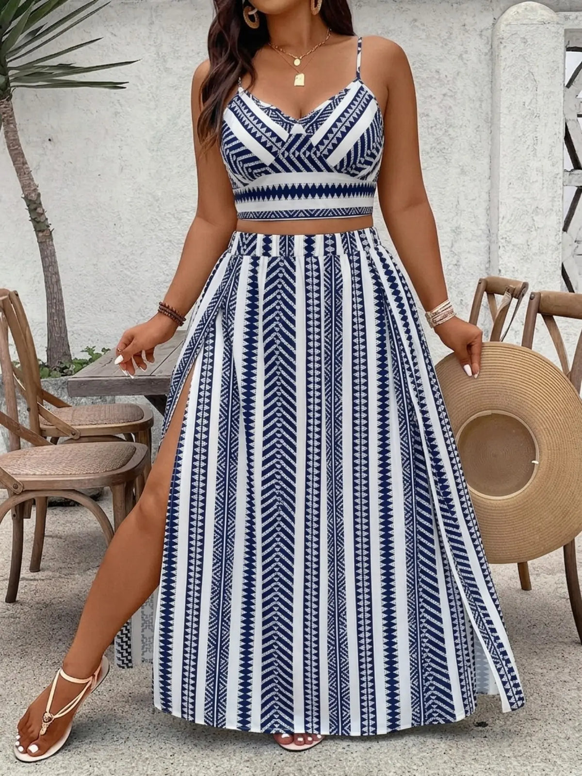 Women's Plus Size Two-Piece Matching Skirt Set, Boho Blue Geometric Print Spaghetti Strap Sleeveless Cropped Top and High Slit Long Skirt, Casual Fashion Bohemian Womenswear