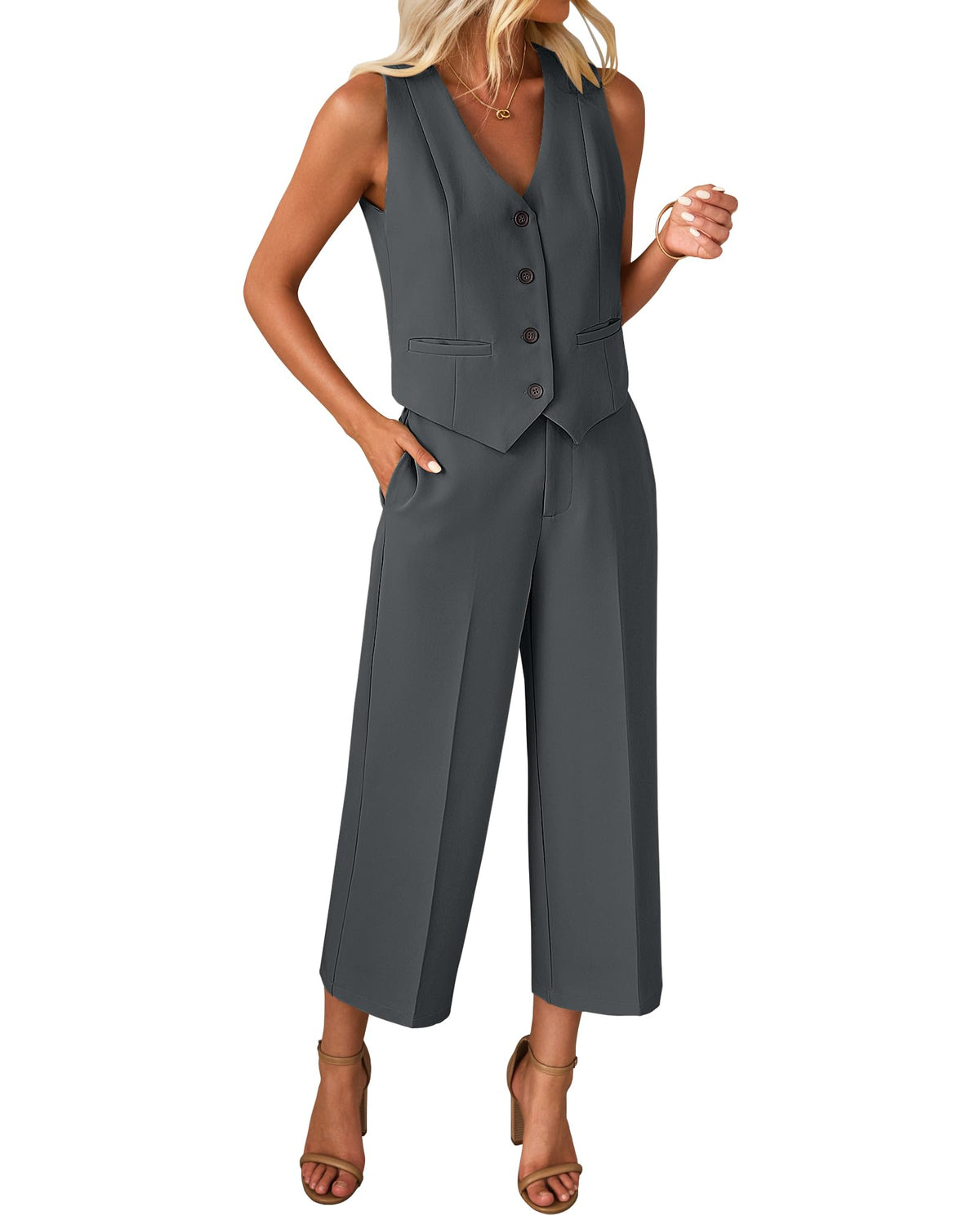 luvamia Vest Pant Suits for Women Dressy Wide Leg 2 Piece Sets Work Outfits
