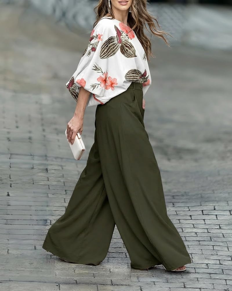CHICME Women 2 Piece Summer Outfit Off Shoulder Flowy Wide Leg Pants Set