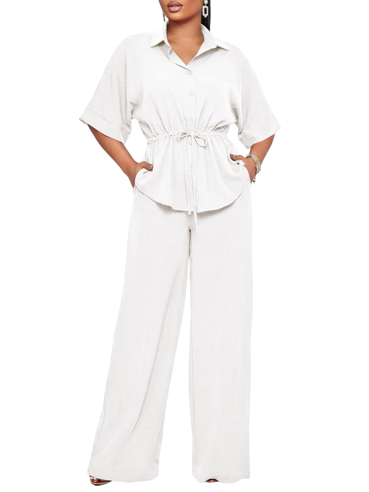 Two Piece Sets for Women Dressy Shirt Top Flared Pants Business Pantsuits