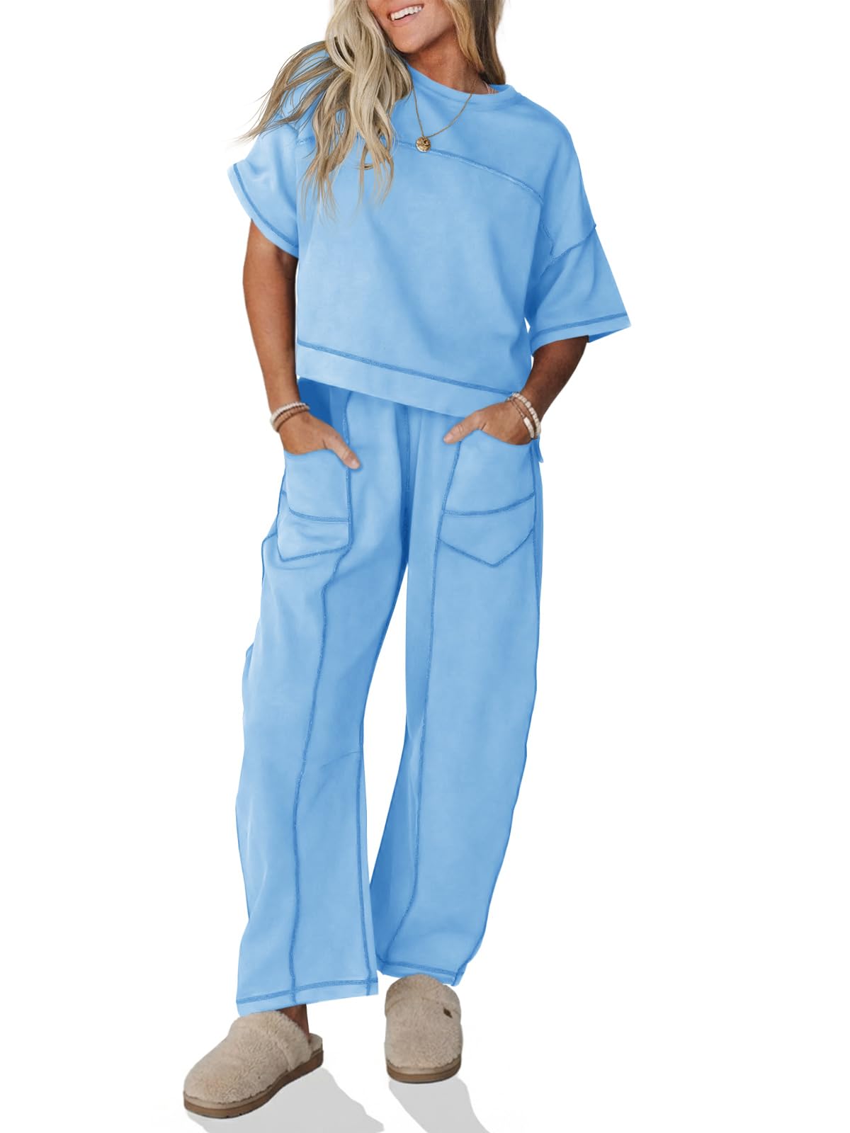 Fisoew Womens 2 Piece Outfits Lounge Sets Short Sleeve Tops and Wide Leg Pants Travel Vacation Casual Matching Sets