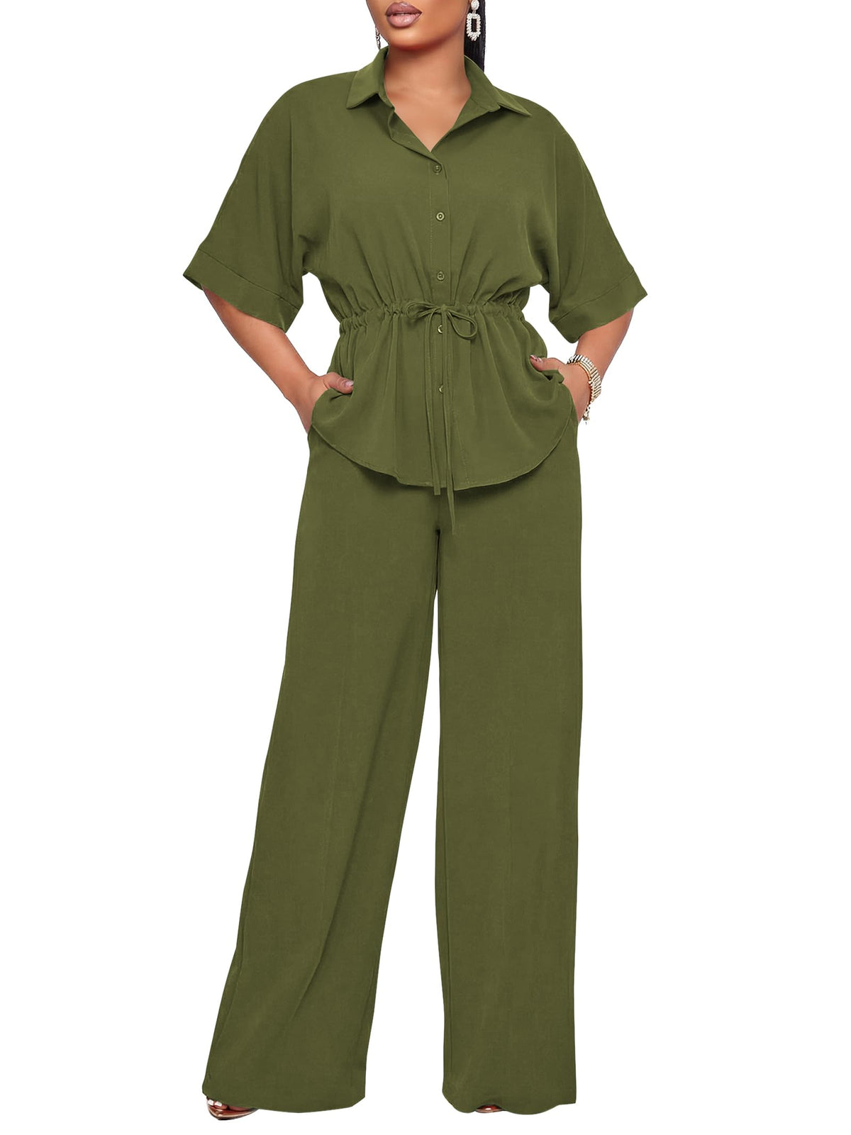 Two Piece Sets for Women Dressy Shirt Top Flared Pants Business Pantsuits