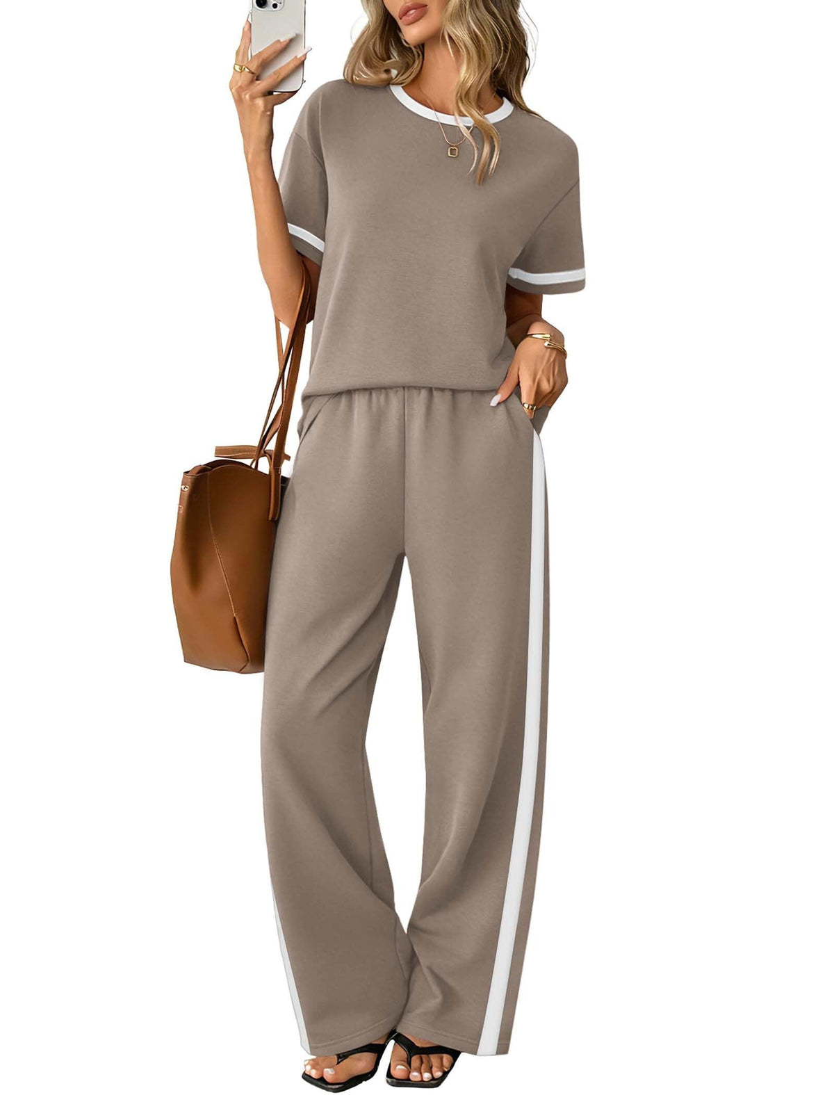 Sampeel 2 Piece Sets for Women Matching Sets Summer Outfits Resort Wear Short Sleeve Lounge Set Wide Leg Pants with Pockets