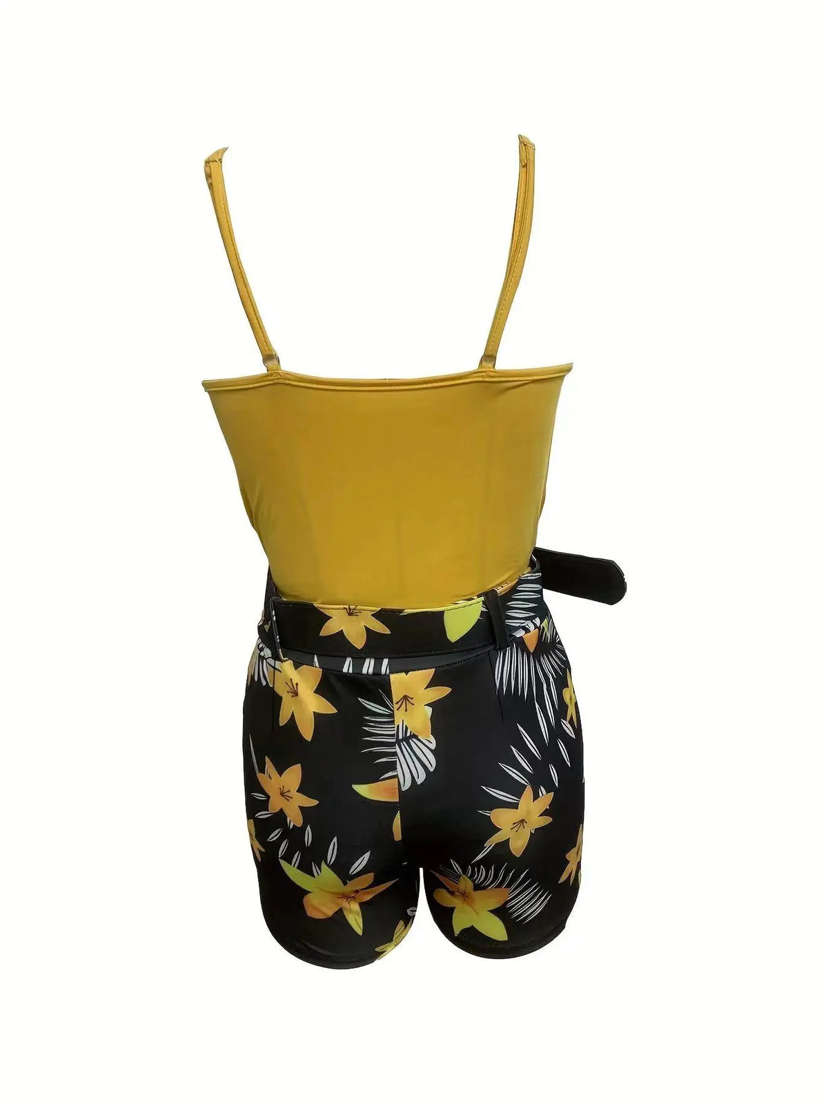 Women's V Neck Sleeveless Top & Plant Print Shorts Set with Belt, Summer Matching Set, Summer Tropical Floral Outfit, Perfect for Vacation, Beach and Casual Daily Wear, High Waist Fitted Design