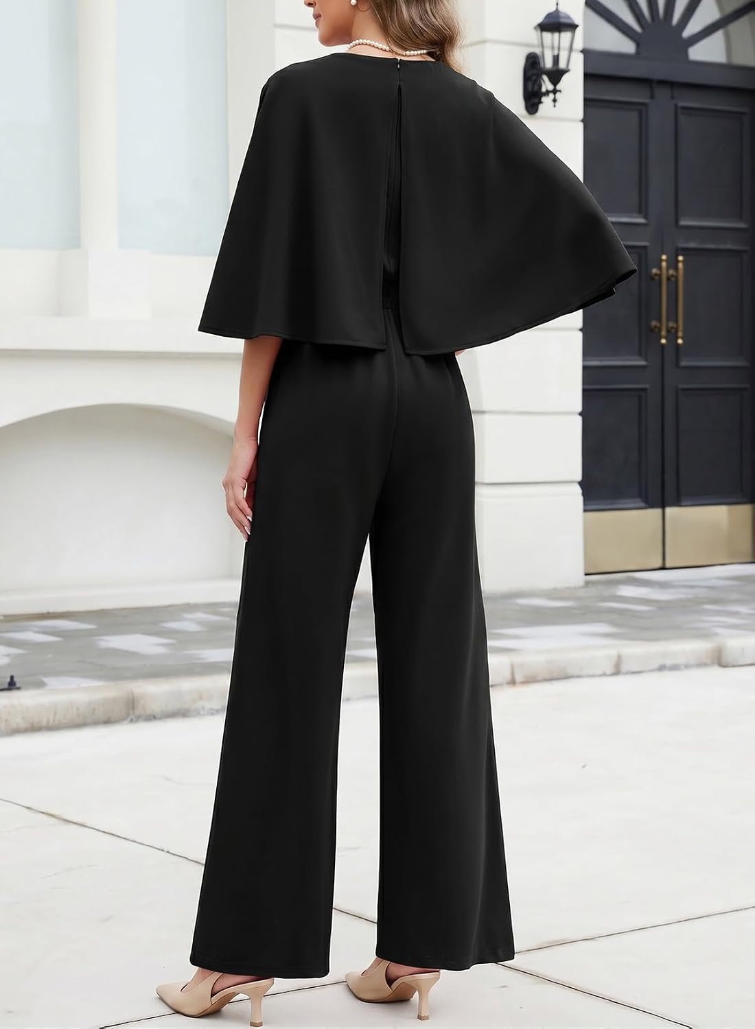 Pink Queen Dressy Jumpsuits For Women Elegant Cape Sleeve Wide Leg Romper