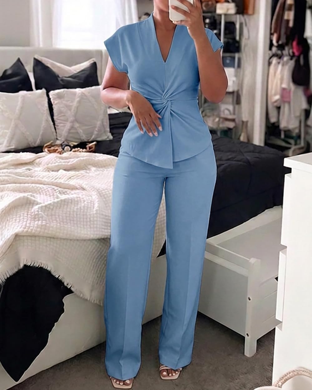 CHICME Women 2 Piece Outfits Straight Wide Leg Pants Casual Set