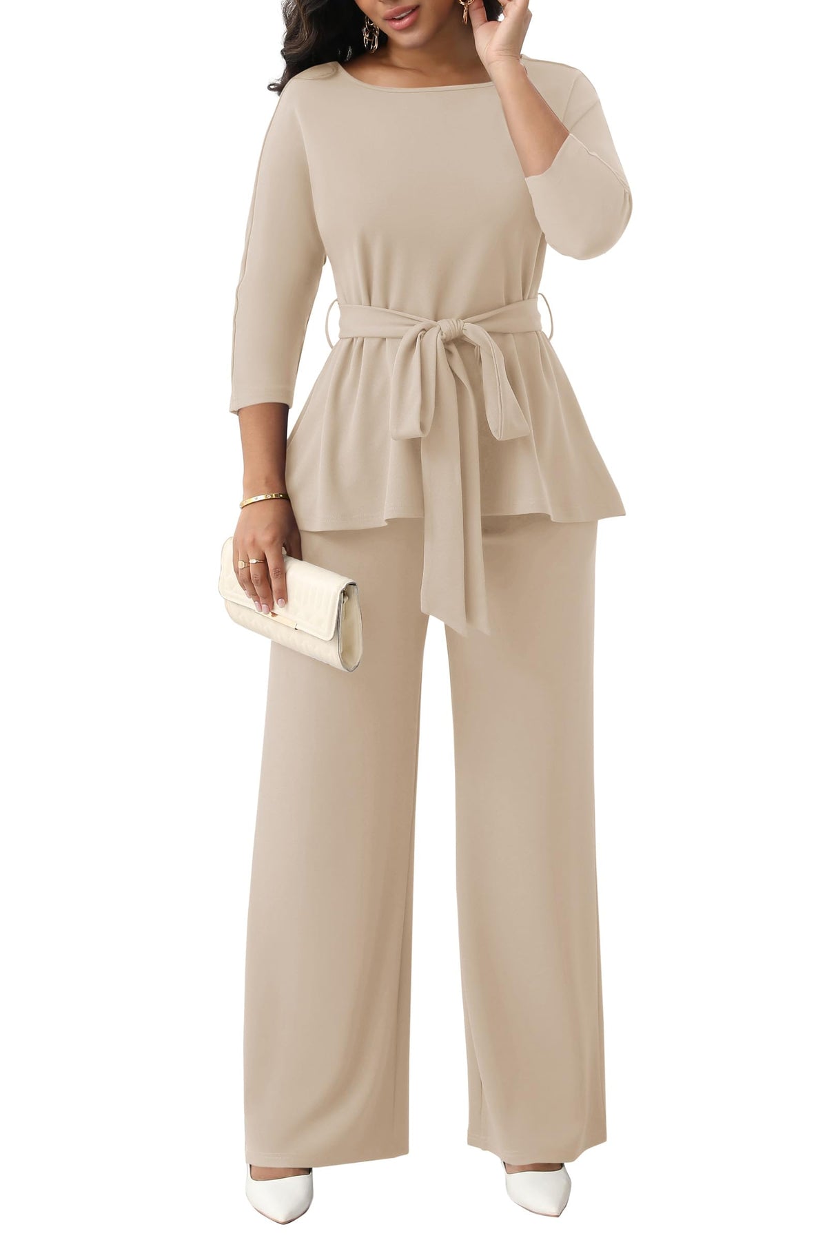 CLOCOR Women 2 Piece Outfits Suit Business Pants Set Peplum Top Flared