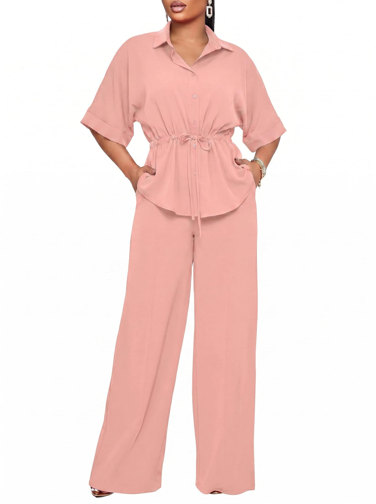 Two Piece Sets for Women Dressy Shirt Top Flared Pants Business Pantsuits