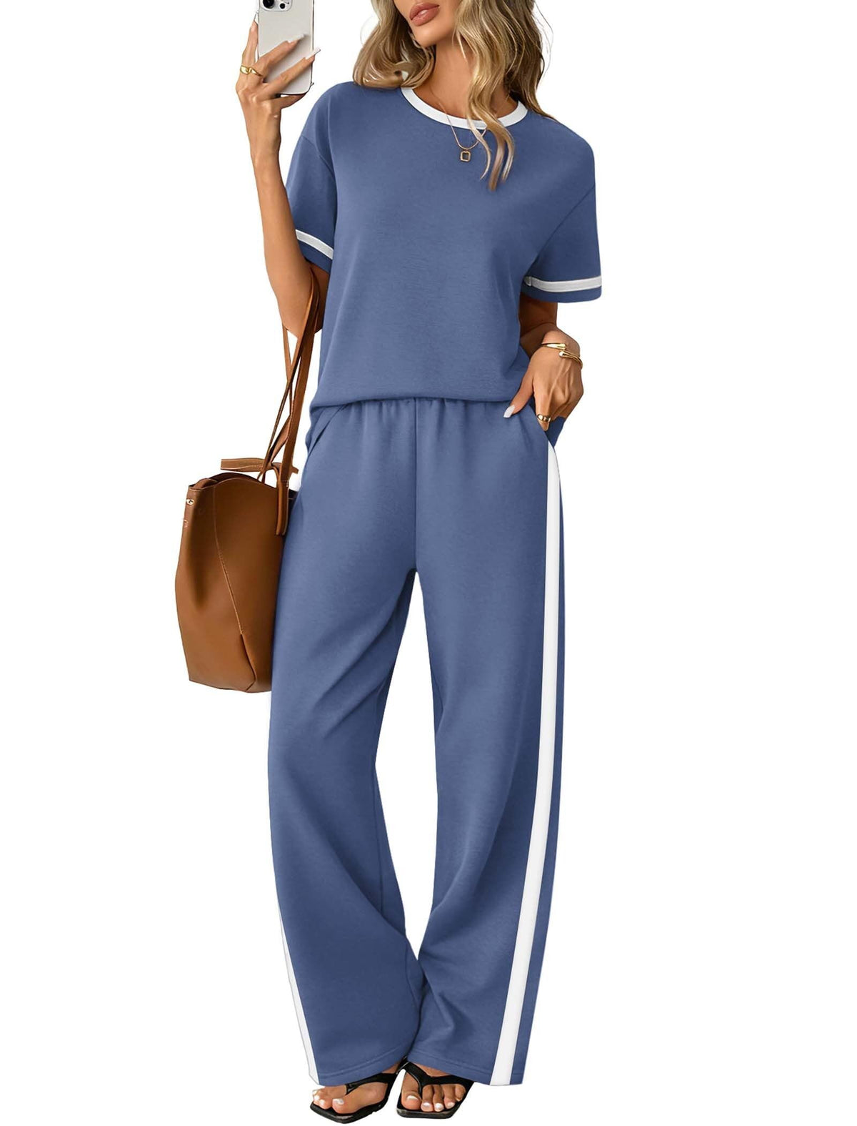 Sampeel 2 Piece Sets for Women Matching Sets Summer Outfits Resort Wear Short Sleeve Lounge Set Wide Leg Pants with Pockets