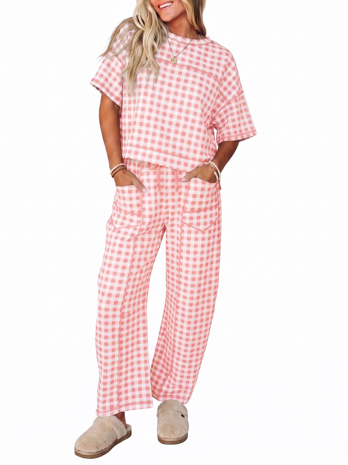 Fisoew Womens 2 Piece Outfits Lounge Sets Short Sleeve Tops and Wide Leg Pants Travel Vacation Casual Matching Sets