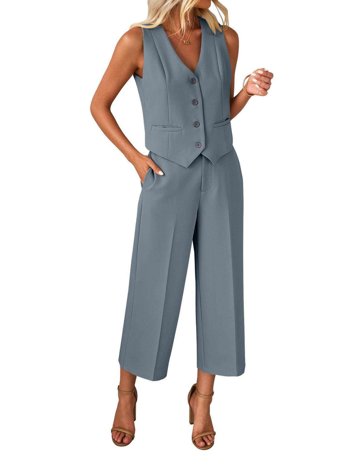 luvamia Vest Pant Suits for Women Dressy Wide Leg 2 Piece Sets Work Outfits