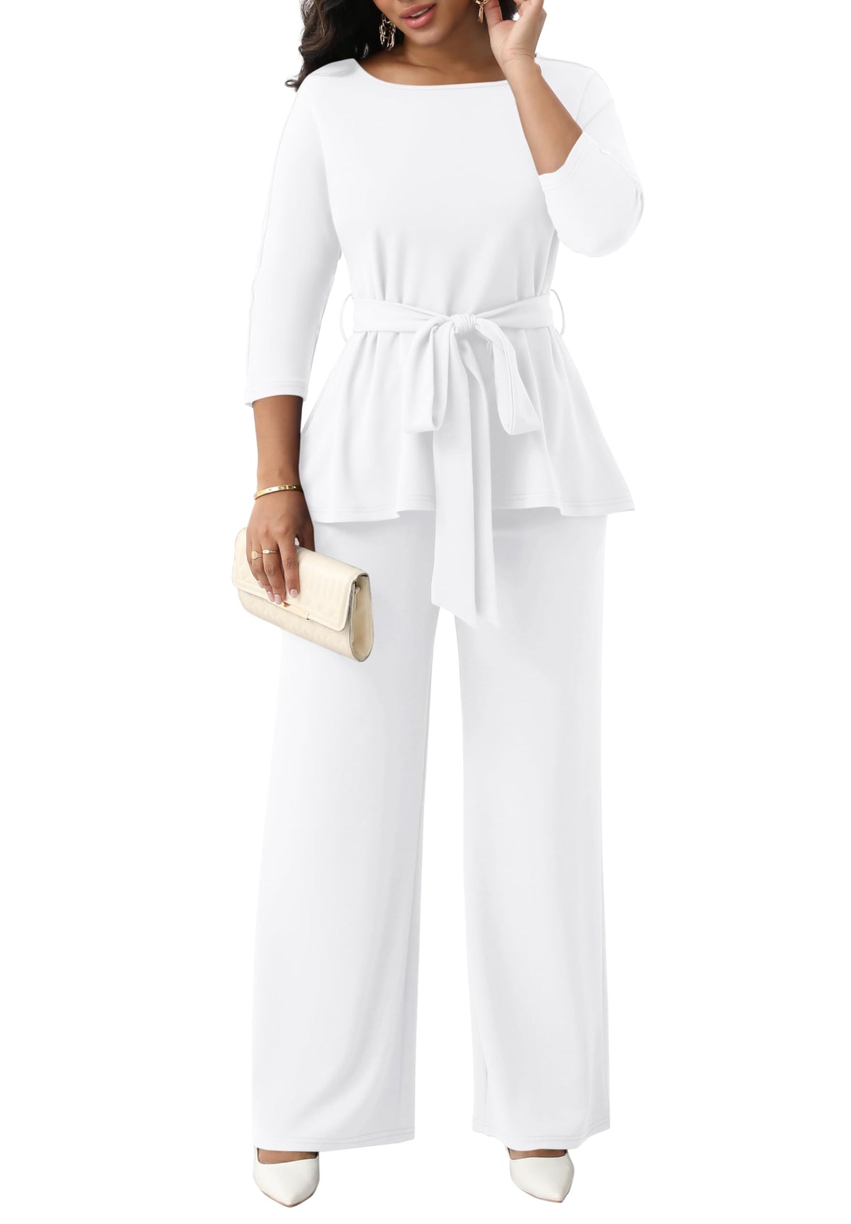 CLOCOR Women 2 Piece Outfits Suit Business Pants Set Peplum Top Flared