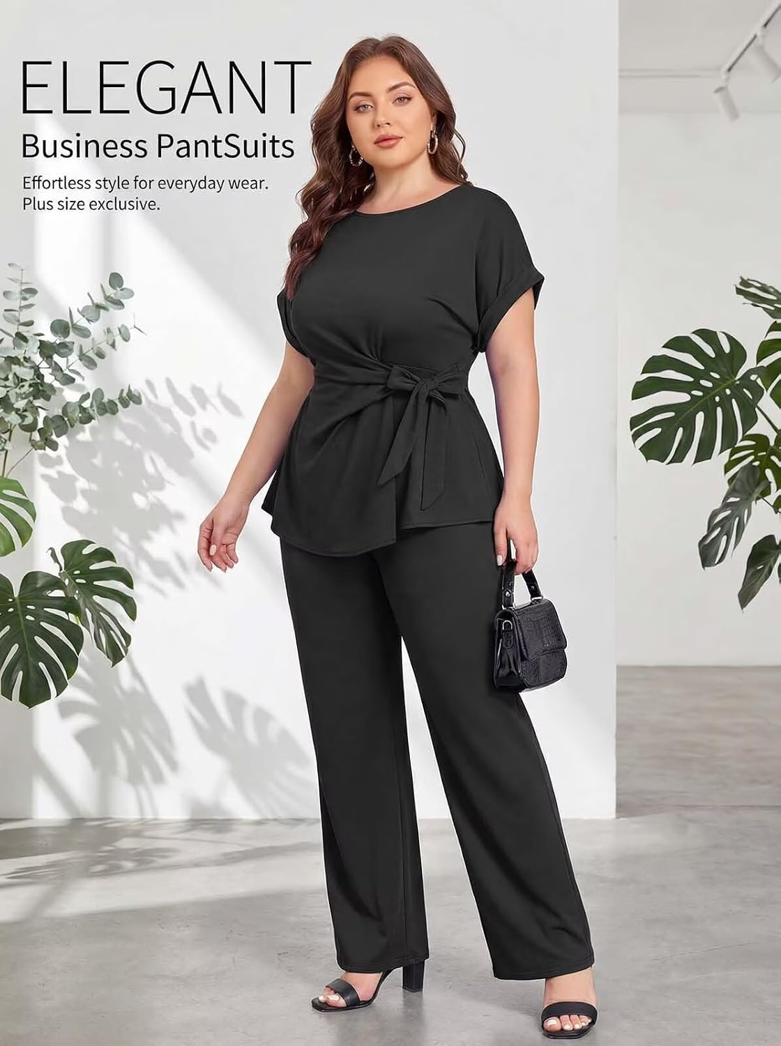 Women's 2 Piece Outfit,Short Sleeve Peplum Top,Wide Leg Pant Sets,Business
