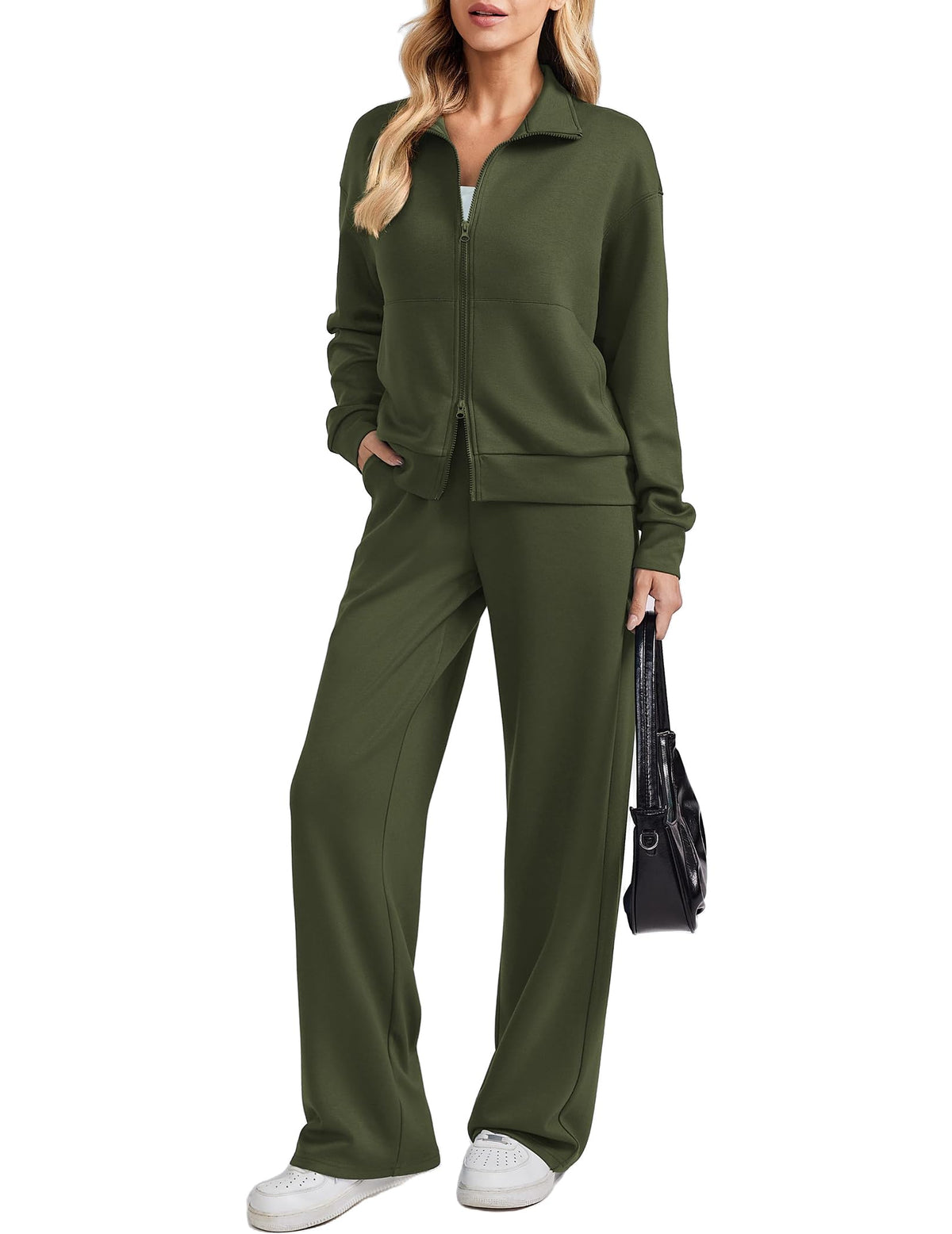 PINSPARK 2 Piece Sets for Women Two-Way Zip Top Wide Leg Pants Tracksuit