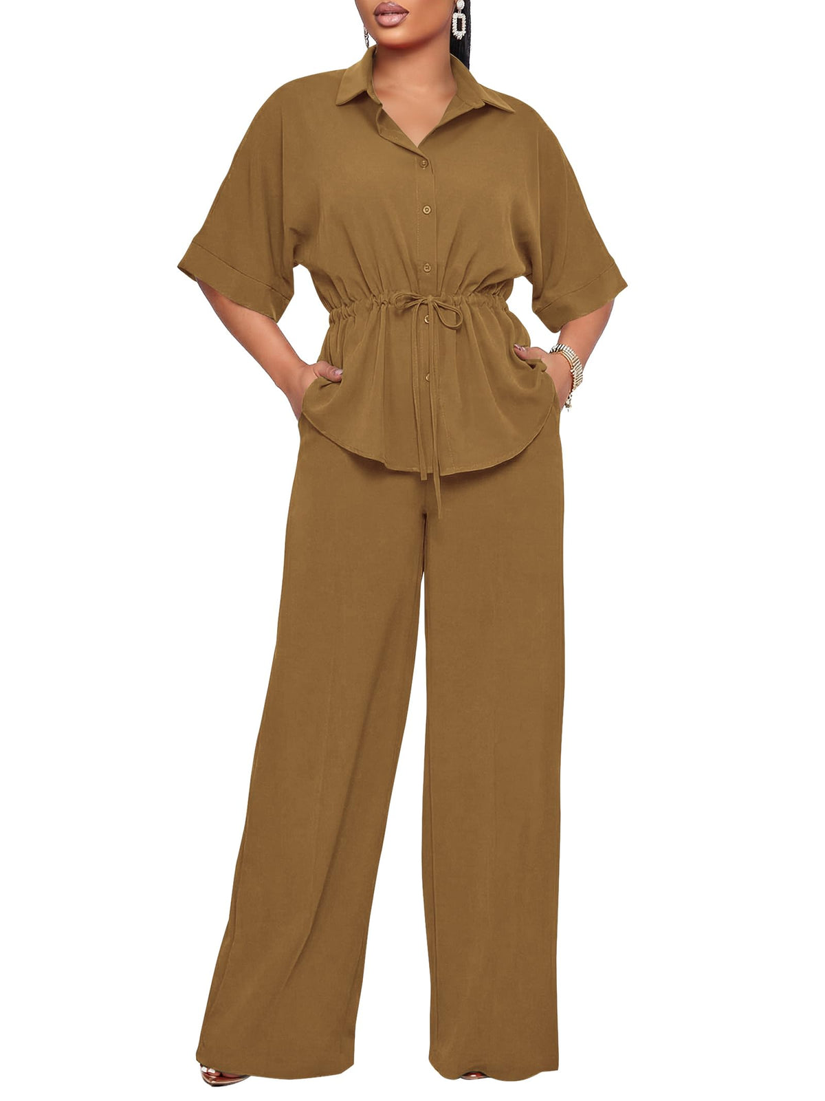 Two Piece Sets for Women Dressy Shirt Top Flared Pants Business Pantsuits