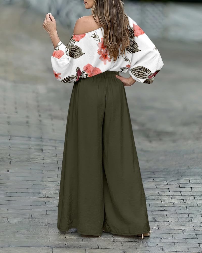 CHICME Women 2 Piece Summer Outfit Off Shoulder Flowy Wide Leg Pants Set