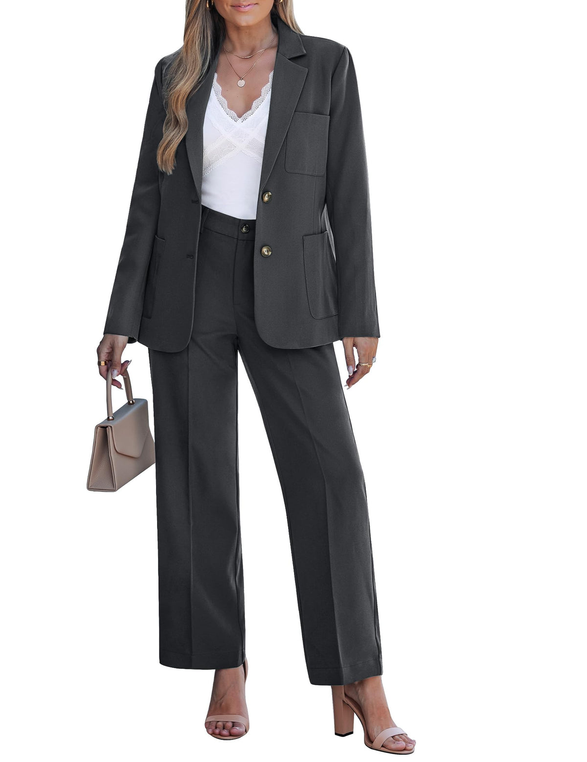 luvamia Pants Suits for Women Dressy 2 Piece Set Business Casual Outfit Professional Long Sleeve Office Work Blazer Sets