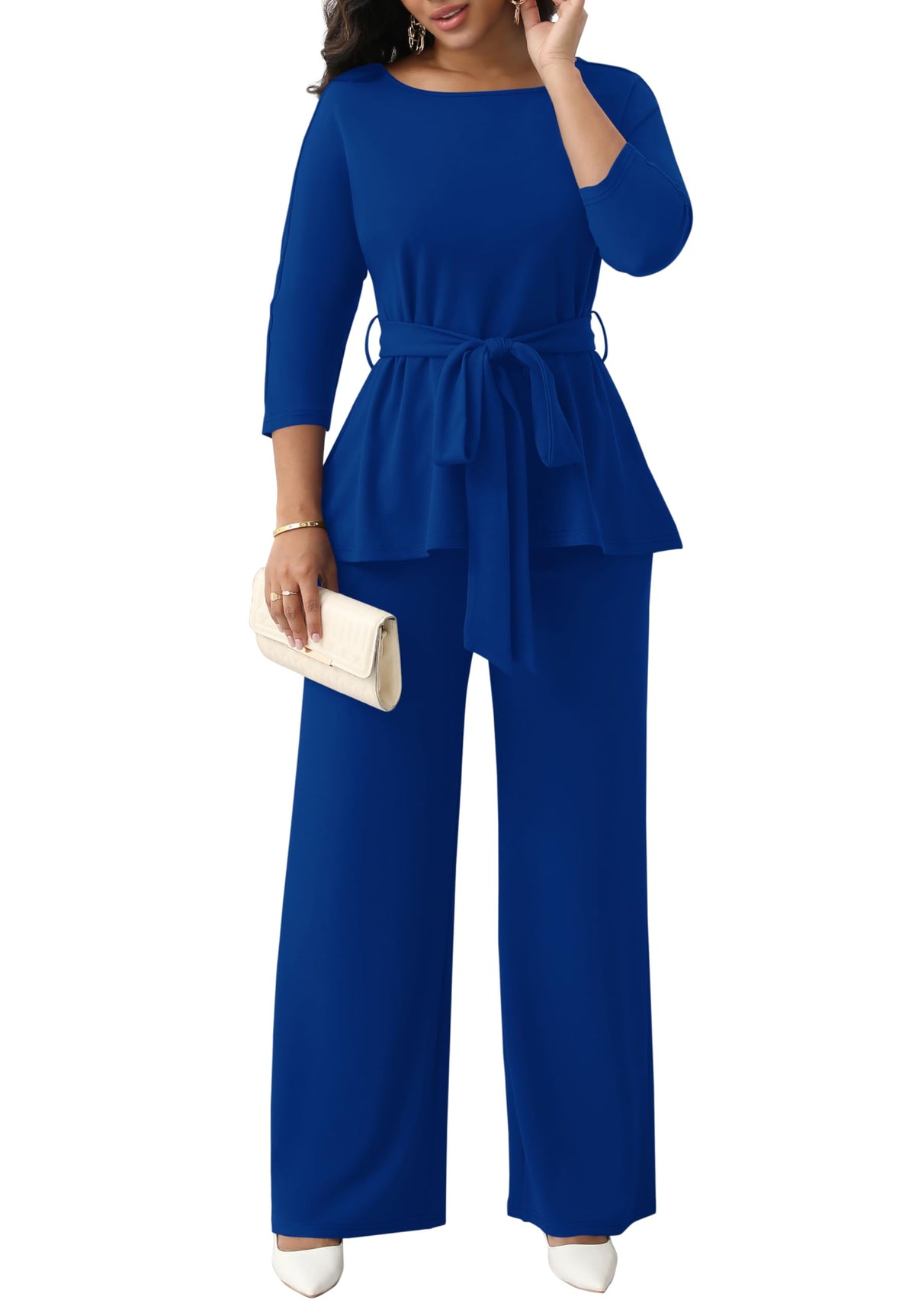 CLOCOR Women 2 Piece Outfits Suit Business Pants Set Peplum Top Flared