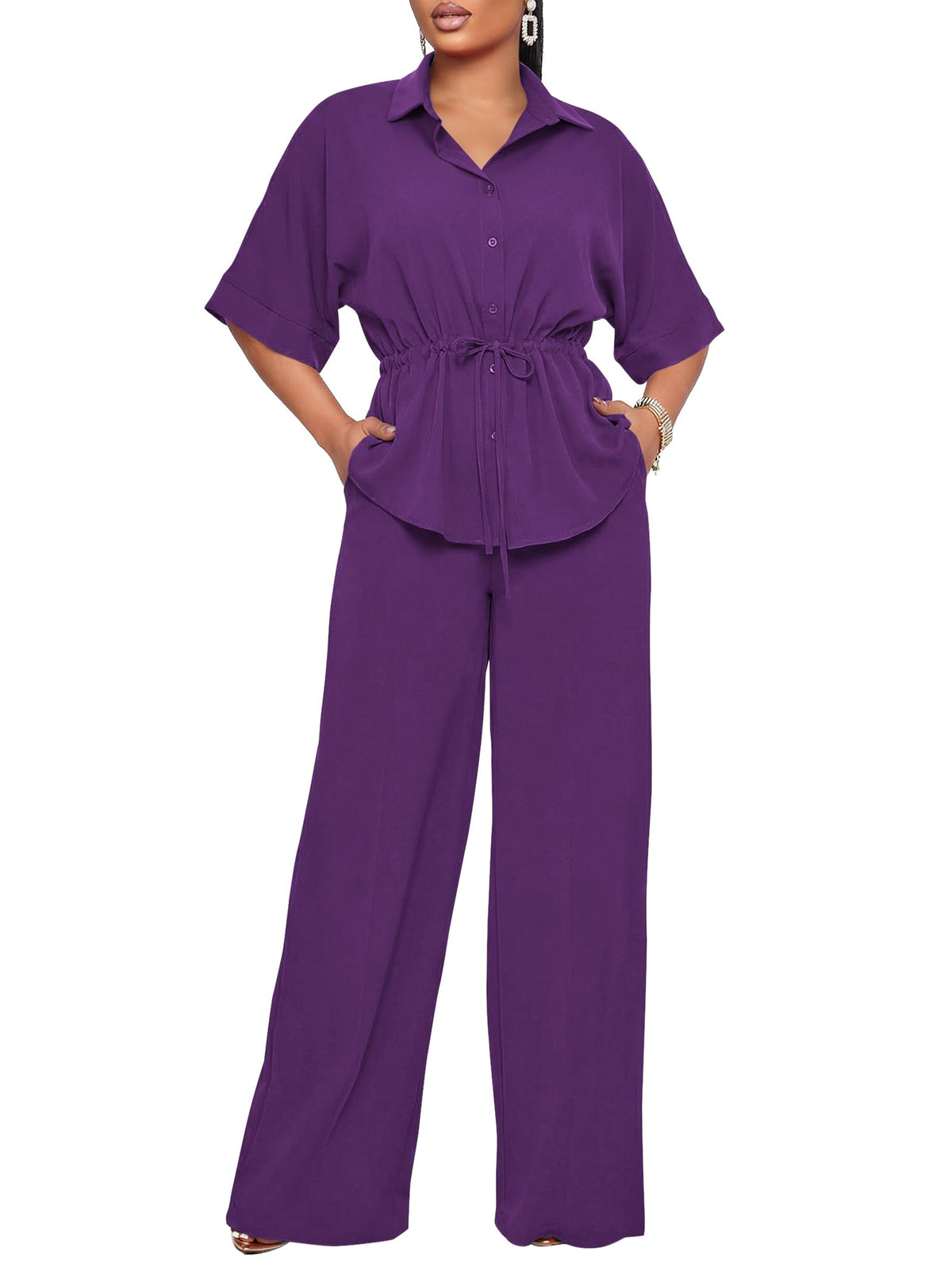 Two Piece Sets for Women Dressy Shirt Top Flared Pants Business Pantsuits