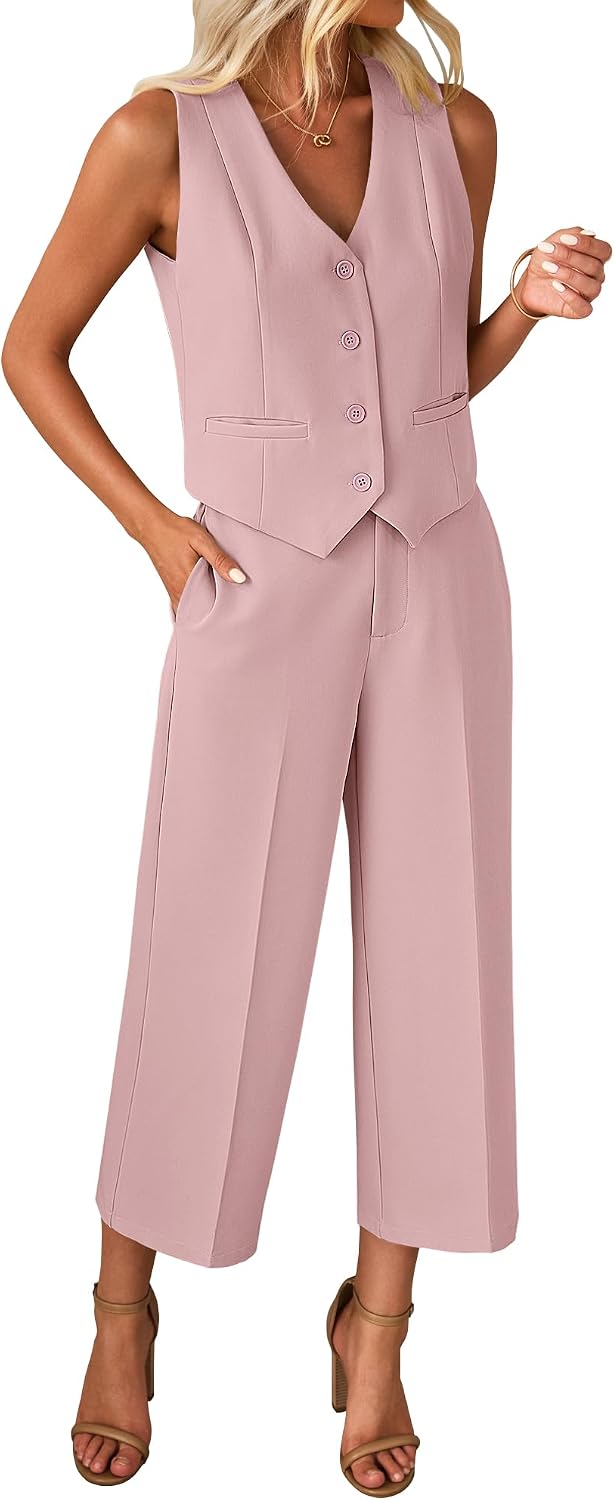 luvamia Vest Pant Suits for Women Dressy Wide Leg 2 Piece Sets Work Outfits