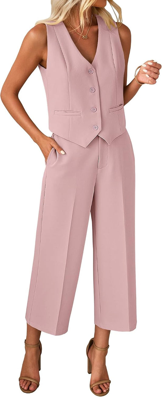 luvamia Vest Pant Suits for Women Dressy Wide Leg 2 Piece Sets Work Outfits