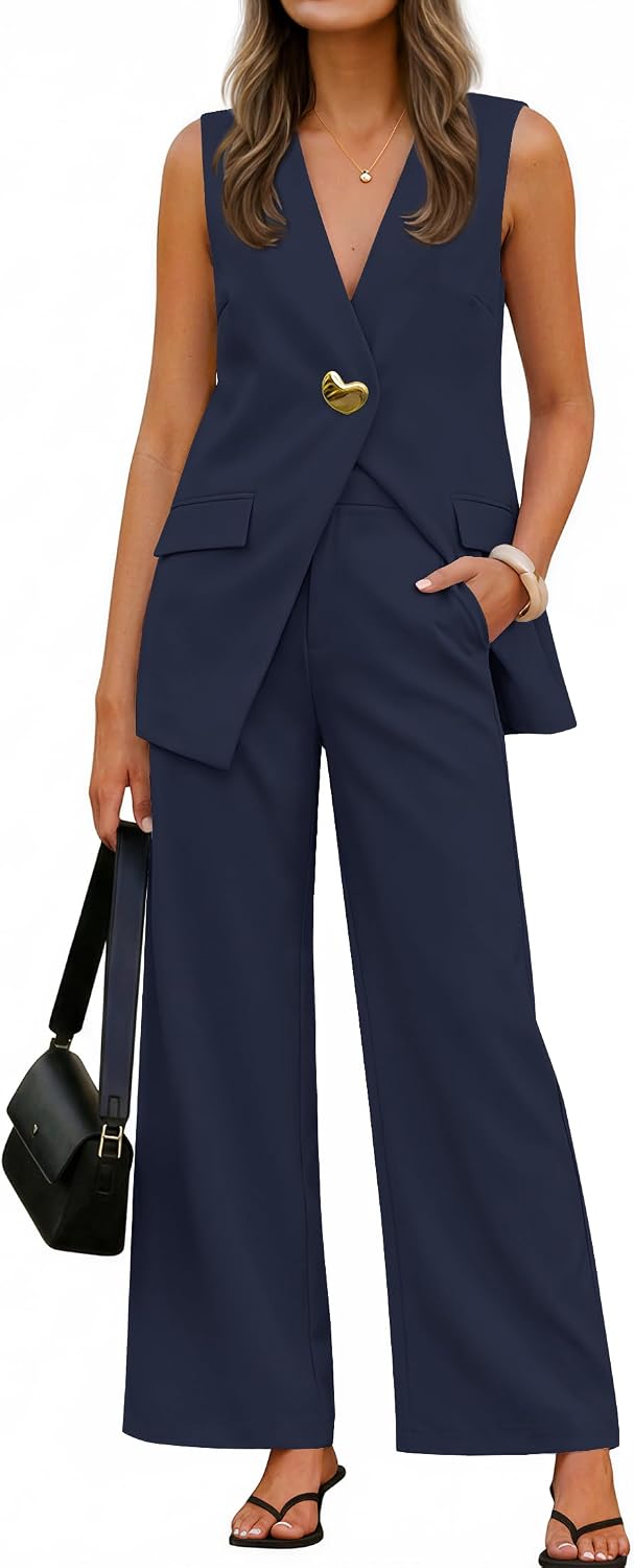 ZESICA Women's Summer Sleeveless 2 Piece Blazer Suit Sets