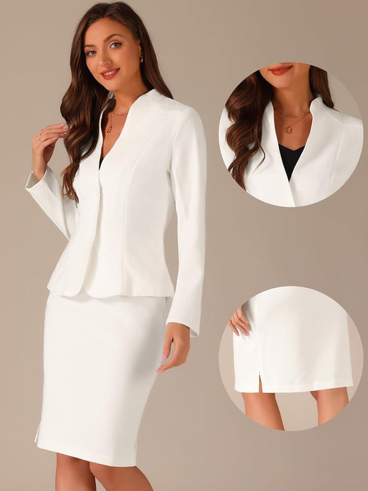 Allegra K Women's Collarless Blazer Pencil Skirt Business Work Suit Set