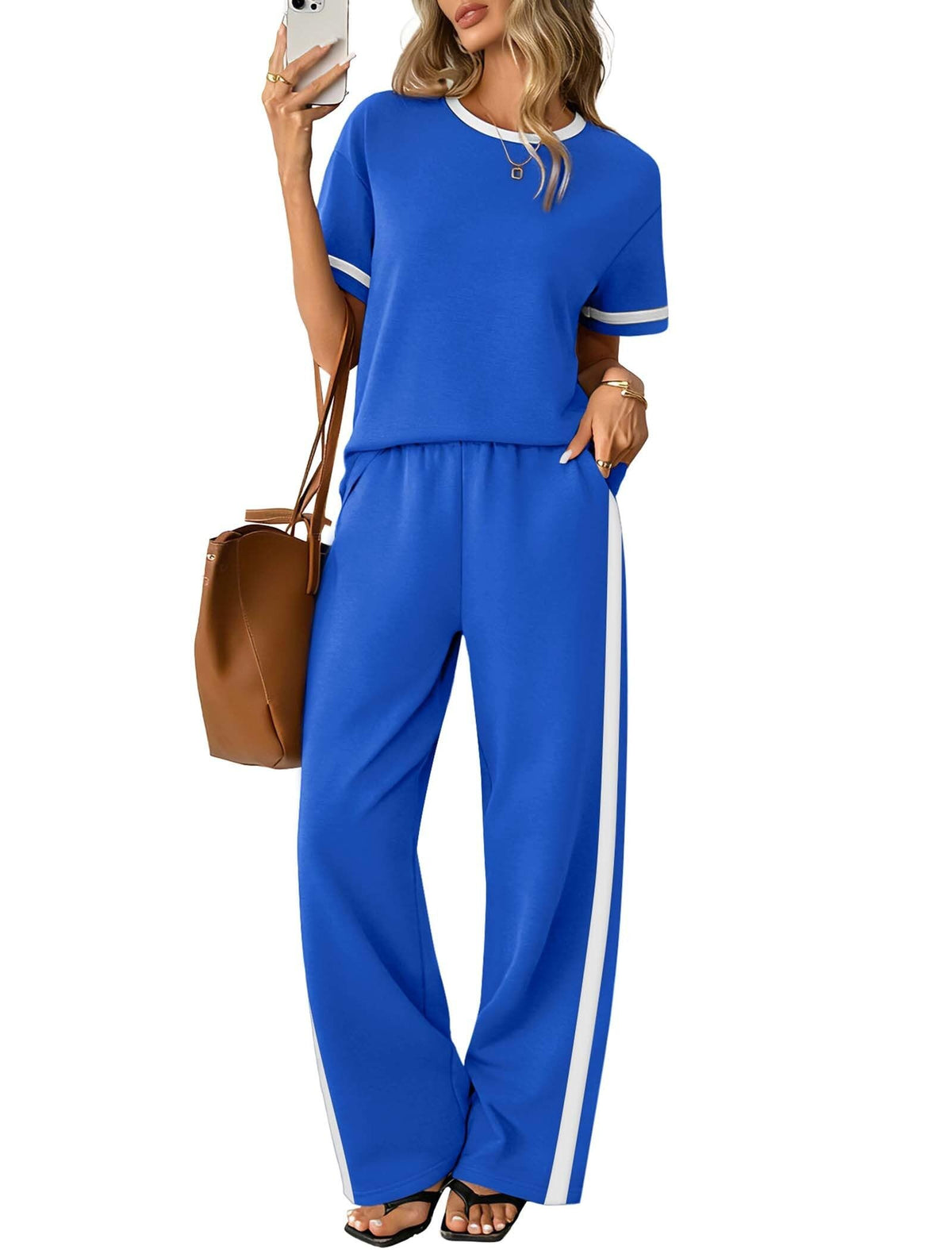 Sampeel 2 Piece Sets for Women Matching Sets Summer Outfits Resort Wear Short Sleeve Lounge Set Wide Leg Pants with Pockets