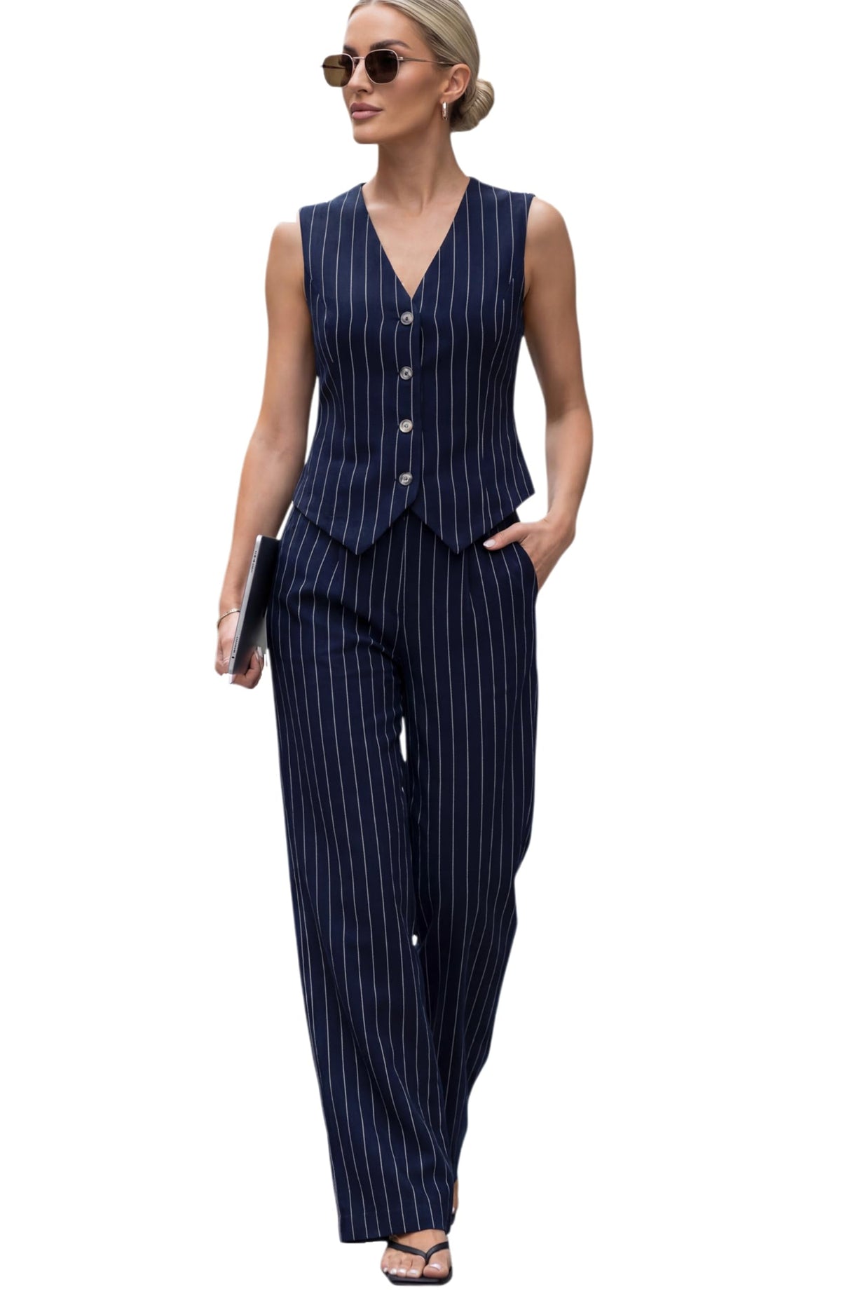 Women's 2 Piece Outfits Linen Vest Waistcoat Dressy Casual Sets Wide Leg Pants Suits