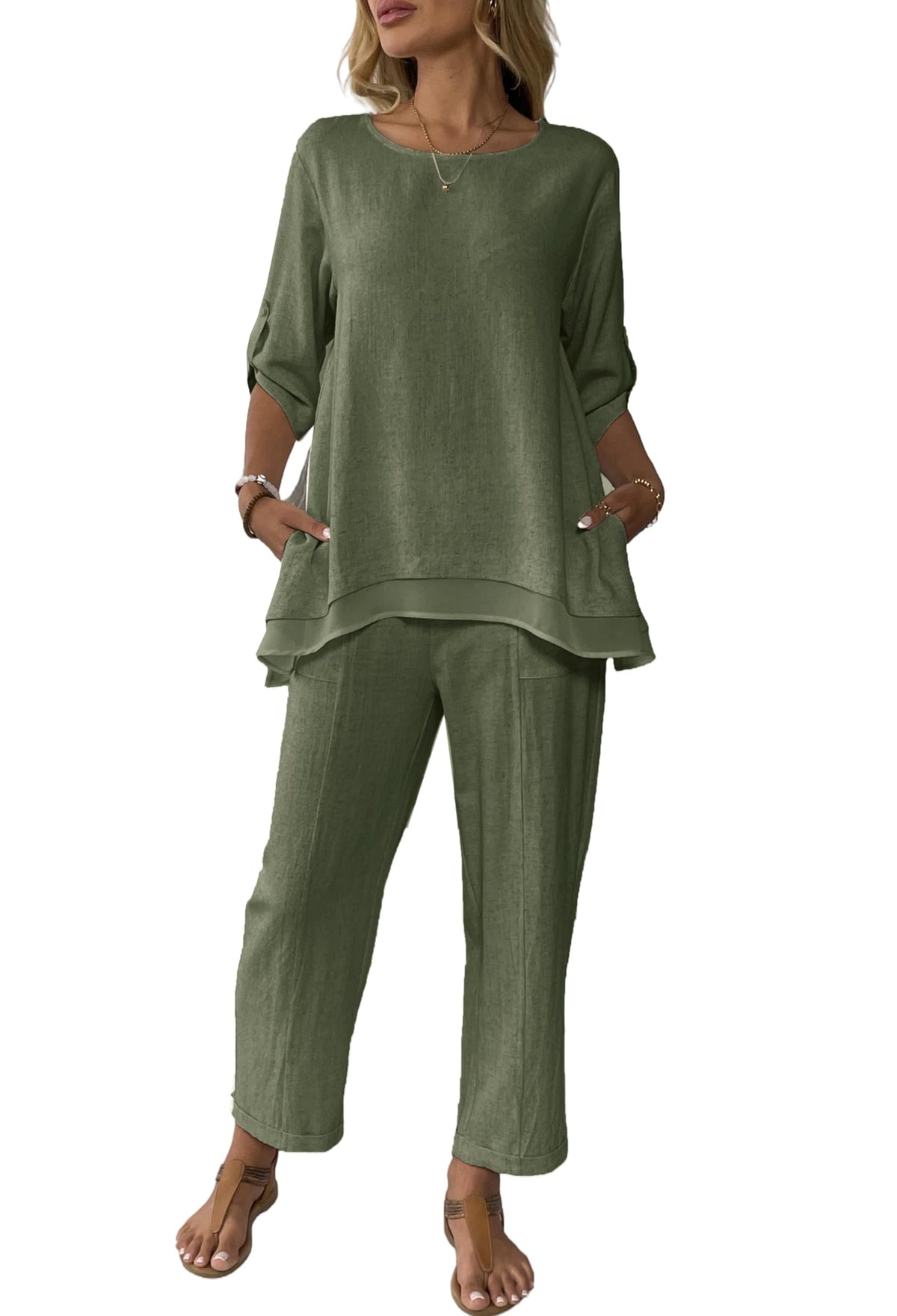 Women's Linen 2 Piece Outfits Rolled Sleeves Tops Wide Leg Trouser Pants Suits Summer Casual Dressy Linen Sets