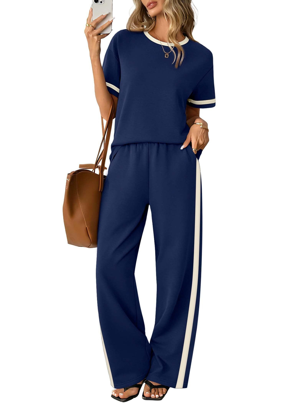 Sampeel 2 Piece Sets for Women Matching Sets Summer Outfits Resort Wear Short Sleeve Lounge Set Wide Leg Pants with Pockets