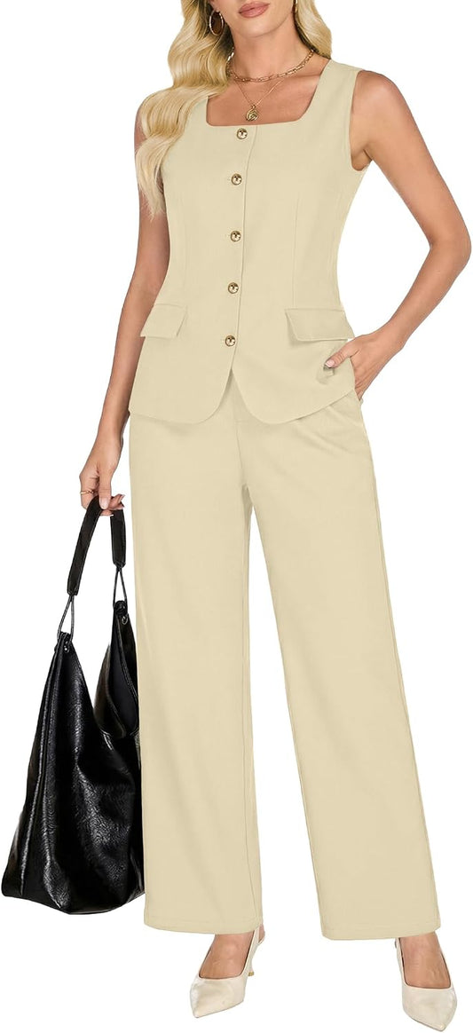 Funlingo Pant Suits for Women Dressy 2 Piece Sets Sleeveless Blazer Vest Wide Leg Pants 2026 Summer Business Casual Outfits