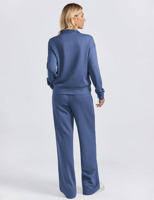 PINSPARK 2 Piece Sets for Women Two-Way Zip Top Wide Leg Pants Tracksuit