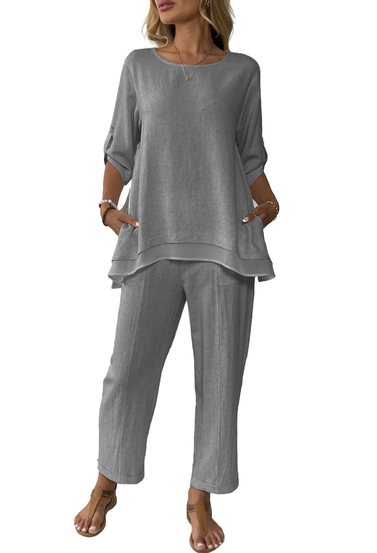 Women's Linen 2 Piece Outfits Rolled Sleeves Tops Wide Leg Trouser Pants Suits Summer Casual Dressy Linen Sets