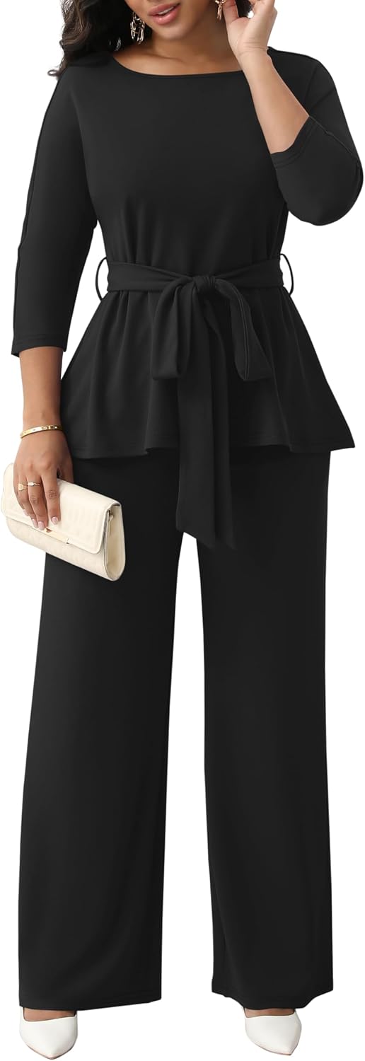 CLOCOR Women 2 Piece Outfits Suit Business Pants Set Peplum Top Flared