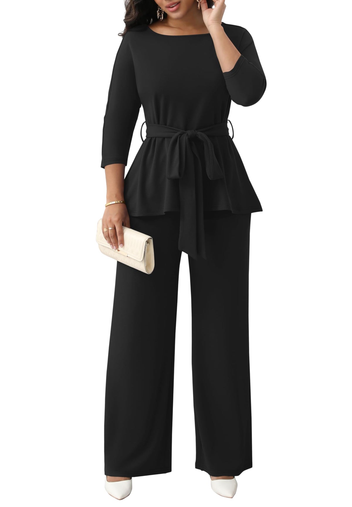 CLOCOR Women 2 Piece Outfits Suit Business Pants Set Peplum Top Flared