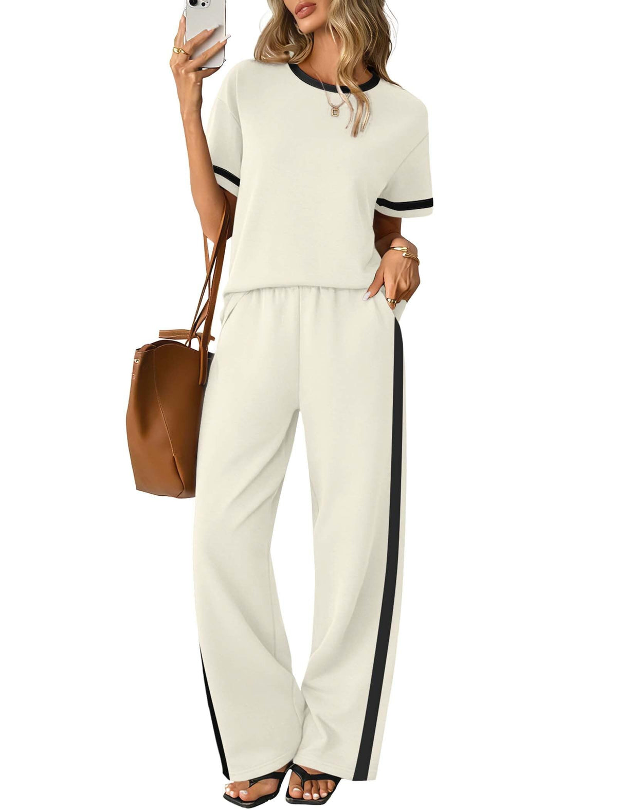 Sampeel 2 Piece Sets for Women Matching Sets Summer Outfits Resort Wear Short Sleeve Lounge Set Wide Leg Pants with Pockets