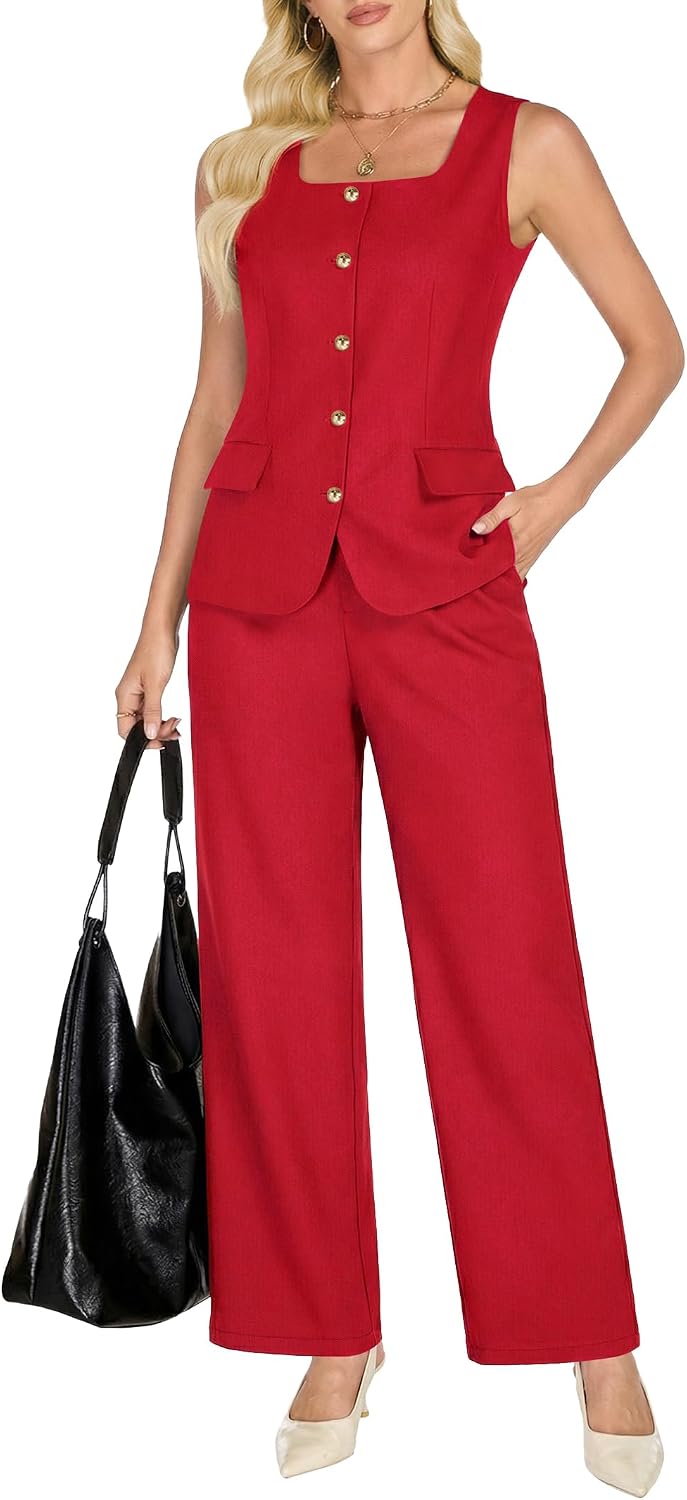 Funlingo Pant Suits for Women Dressy 2 Piece Sets Sleeveless Blazer Vest Wide Leg Pants 2026 Summer Business Casual Outfits