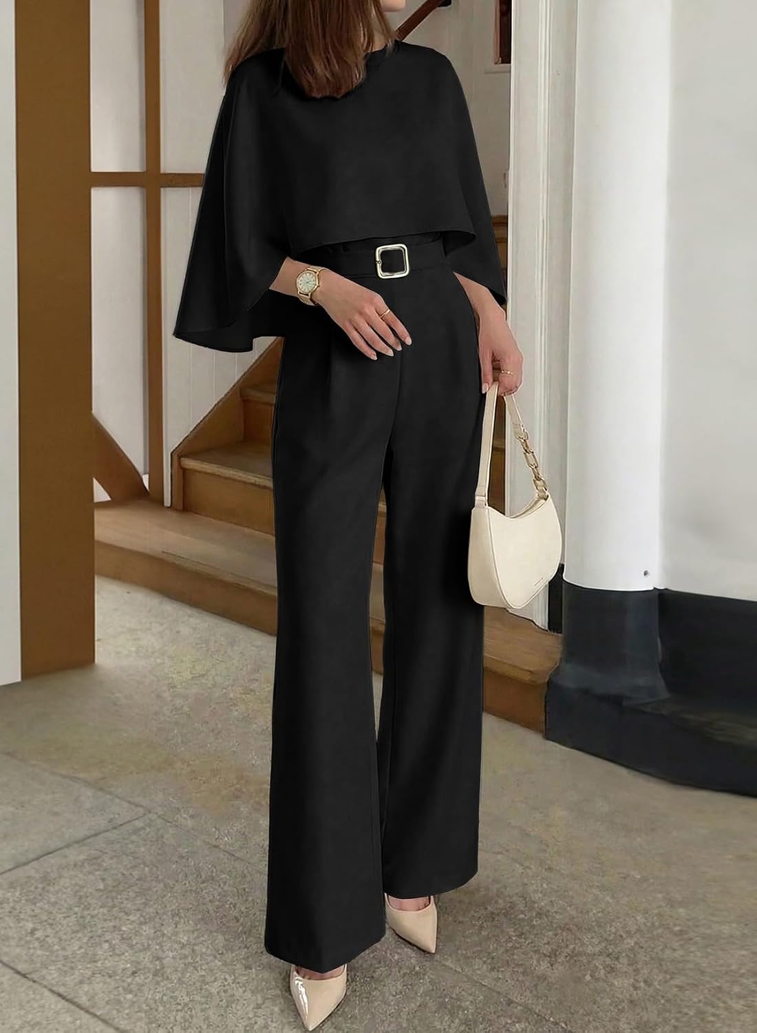 Pink Queen Dressy Jumpsuits For Women Elegant Cape Sleeve Wide Leg Romper