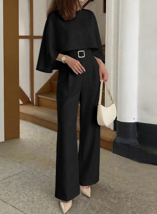 Pink Queen Dressy Jumpsuits For Women Elegant Cape Sleeve Wide Leg Romper