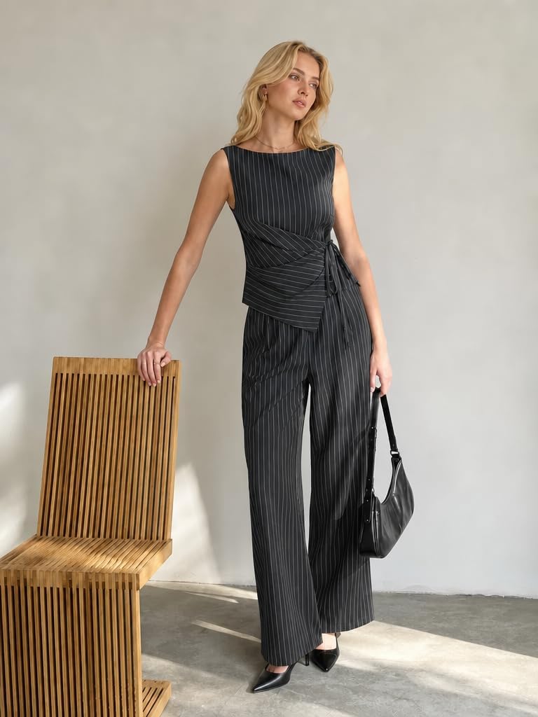 CIDER Womens Striped Knotted Top Straight Leg Pant Set