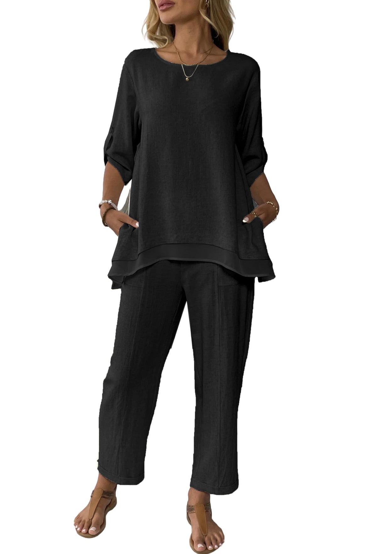 Women's Linen 2 Piece Outfits Rolled Sleeves Tops Wide Leg Trouser Pants Suits Summer Casual Dressy Linen Sets
