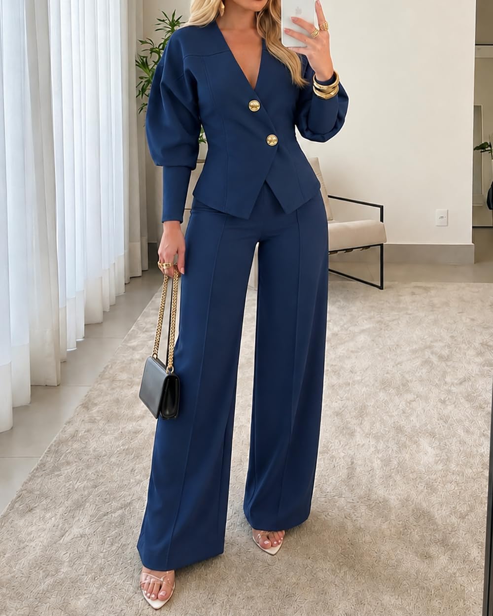 CHICME Womens 2 Piece Blazer Pants Set Fall Business Casual Outfit